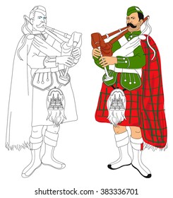 Linear black and white and coloring image of the Scottish piper.