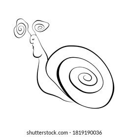 Linear black and white doodle snail with man face. Hand-drawn slug with spiral shell. Forest creature sign, logo, design, print design, banner, web, textile. 