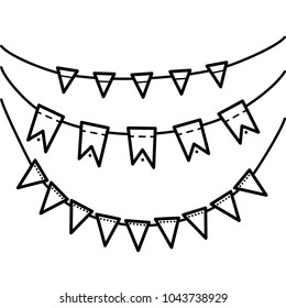 Linear black and white drawing of flags of different shapes on a string. For coloring books, banners.