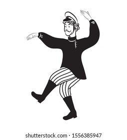 Linear, black and white drawing. A man in a folk costume dances and sings a song.
  Isolated image on a white background. Vector graphics.