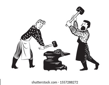 Linear black and white drawing. Two blacksmiths on the anvil forge a horseshoe. Men are engaged in ancient physical labor in folk costumes. Isolated image on a white background. Vector graphics.