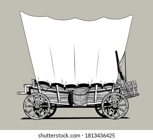 Linear Black And White Drawing Of A Wild West Covered Wagon. Vector Illustration