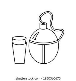 Linear black white flask for water icon. Can be used as a sticker, symbol or sign. Simple stock vector illustration isolated on white background. Outline flask with glasses for hiking and traveling.