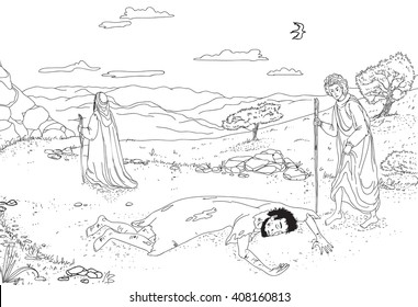 Linear black and white illustration of the parable of the Good Samaritan