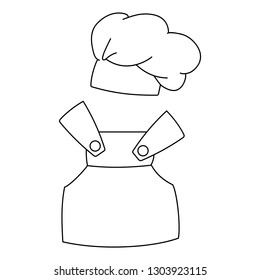Linear black and white image of a cartoon chef costume - hat and apron. Vector illustration for coloring book, stencil, design, prints.
