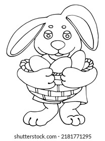 linear black and white image Easter bunny with eggs for coloring