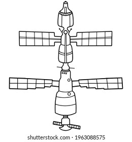 linear black and white image of a solar-powered space satellite.