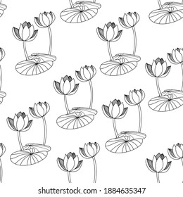 Linear black and white lotuses. Seamless pattern of linear lotuses on a white background