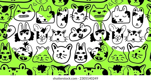 linear black and white pattern with animals in vector.pattern with cats in doodle style for design.Collection of patterns with cats