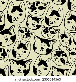 linear black and white pattern with animals in vector.pattern with cats in doodle style for design.isolated pattern.Collection of patterns with cats.