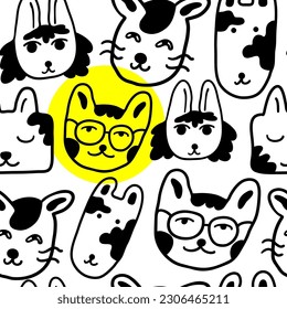 linear black and white pattern with animals in vector.pattern with cats in doodle style for design.Collection of patterns with cats