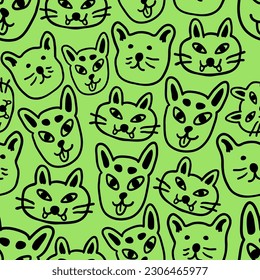 linear black and white pattern with animals in vector.pattern with cats in doodle style for design.isolated pattern.Collection of patterns with cats.