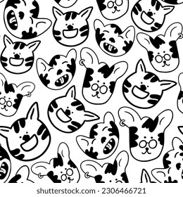 linear black and white pattern with animals in vector.pattern with cats in doodle style for design.isolated pattern.Collection of patterns with cats.