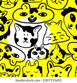 linear black and white pattern with animals in vector.pattern with cats in doodle style for design.Collection of patterns with cats