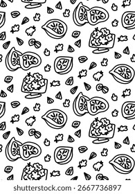 Linear black and white seamless pattern with figs, hazelnuts and raspberries in doodle style