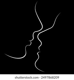 мector linear black and white silhouette image of two people in love face to face moments before kissing isolated on black background. useful for valentine's day cards, print, design elements, poster.