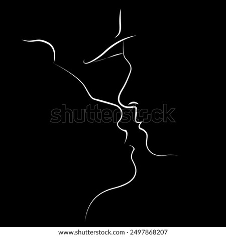 мector linear black and white silhouette image of two people in love face to face moments before kissing isolated on black background. useful for valentine's day cards, print, design elements, poster.