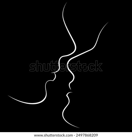 мector linear black and white silhouette image of two people in love face to face moments before kissing isolated on black background. useful for valentine's day cards, print, design elements, poster.