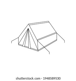 Icono de tienda blanca y negra lineal. Se puede usar como pegatina, símbolo, signo. Ilustración vectorial simple aislada en fondo blanco. Tienda de senderismo y de viajes. Tienda de dibujo para la vida silvestre en la naturaleza