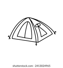 Linear black white tent icon. Simple stock vector illustration isolated on white background. Tent for hiking and traveling. Outline tent for wild life in nature. Can be used as a sticker, symbol, sign