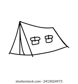 Linear black white tent icon. Simple stock vector illustration isolated on white background. Tent for hiking and traveling. Outline tent for wild life in nature. Can be used as a sticker, symbol, sign