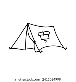 Linear black white tent icon. Simple stock vector illustration isolated on white background. Tent for hiking and traveling. Outline tent for wild life in nature. Can be used as a sticker, symbol, sign