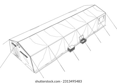 Linear black white tent. Vector illustration isolated on white background. Tent for hiking and traveling, military. Outline tent for wild life in nature, military..