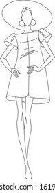 Linear black and white vector drawing of clothes patterns of dress on the model