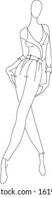 Linear black and white vector drawing of clothes patterns of overalls on the model