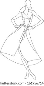 Linear black and white vector drawing of clothes patterns of trench coat on the model