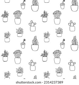 linear black and white vector image cacti and succulents seamless pattern for coloring
