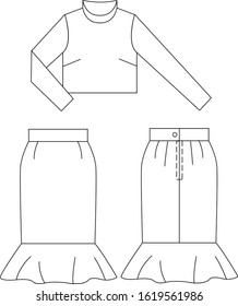 Linear black and white vector sketch of clothing pattern skirt and top