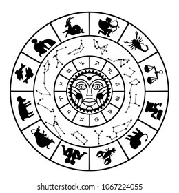 Linear black zodiac circle with the signs silhouette and the constellations isolated on white. Calendar cover and coloring book design. Vector illustration