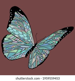 Linear black-and-white colorized drawing. Butterfly in the zentangle technique.