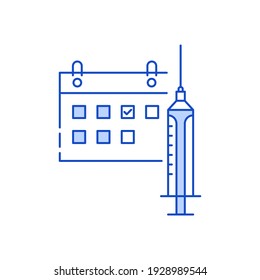 linear blue calendar and syringe icon. concept reminder regular immunization for apps, web sites. time to visit doctor for disease prevention. blue thin line design. laboratory clinical test marks