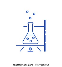 linear blue flask and fire icon. concept of heating process, biotechnology, equipment for chemical experiment, production, clinical research. simple design sign isolated on white background