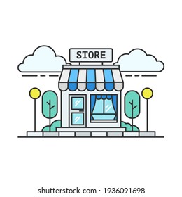 Linear of a blue grocery store or supermarket. Illustration of a shop geolocation with geotag. Vector.