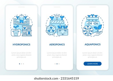 Linear blue icons representing types of vertical farming mobile app screen set. 3 steps graphic instructions, UI, UX, GUI template.