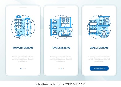Linear blue icons representing vertical farming and hydroponics mobile app screen. 3 steps graphic instructions, UI, UX, GUI template.