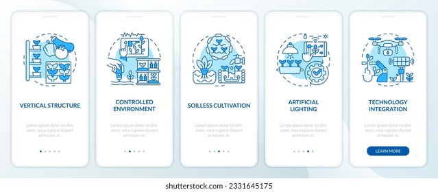 Linear blue icons representing vertical farming and hydroponics mobile app screen set. 5 steps graphic instructions, UI, UX, GUI template.