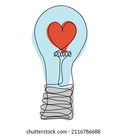 linear blue light bulb with heart inside, linear light bulb vector with freehand heart, design element for valentine's day.