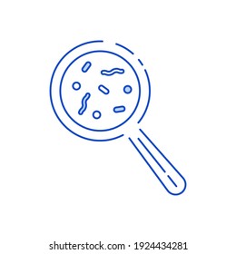 linear blue magnifying glass and bacteria icon. concept of human health research, checking for harmful microorganisms, info about bacteria on body or things. simple flat sign on white background