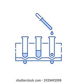 linear blue pipette and flasks icon. concept of sampling of biomaterial, biotechnology, equipment for chemical experiment, production, clinical research. simple design sign isolated on white