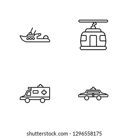 Linear Boat, Ambulance, Cable car cabin, Police car Vector Illustration Of 4 outline Icons. Editable Pack Of Boat, Ambulance, Cable car cabin, Police car