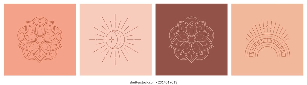 Logotipo bohemio lineal, conjunto de íconos boho - mandala, sol y arco iris, elementos de diseño abstracto para la decoración de estilo moderno minimalista. Ilustración del vector