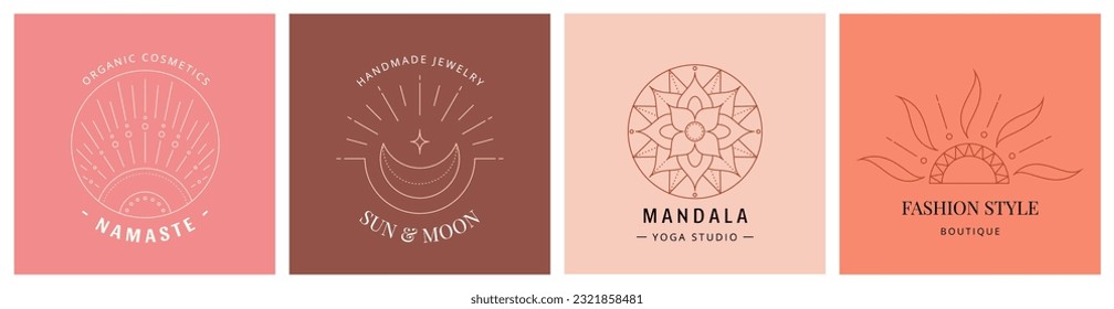 Linear bohemian logo, set of boho icons - mandala, sun and moon, abstract design elements for decoration in modern minimalist style. Vector illustration