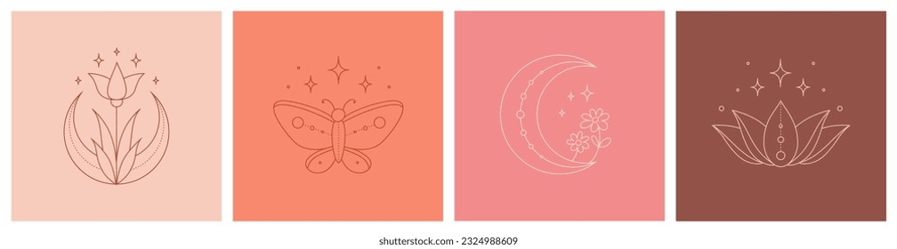 Linear bohemian logo, set of boho icons - flower, moon and butterfly, abstract design elements for decoration in modern minimalist style. Vector illustration