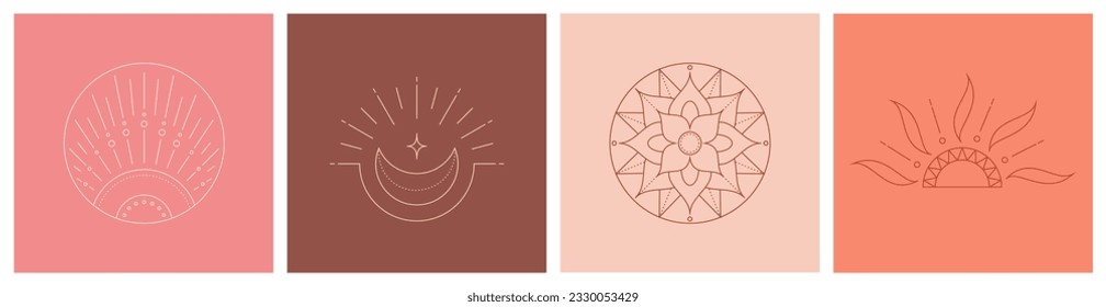 Linear bohemian logo, set of boho icons - mandala, sun and moon, abstract design elements for decoration in modern minimalist style. Vector illustration