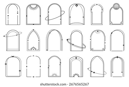 Linear boho arch frames. Bohemian arched borders shapes with stars, orbits and sun rays. Celestial and cosmic geometric minimalist decorative line art vector templates set with editable stroke path.