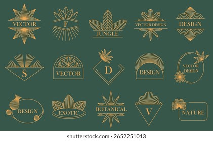Armações de emblema floral boho linear. Bordas de rótulo geométrico, desenhos botânicos minimalistas de luxo com folhas e flores elegantes. Marca inspirada na natureza modelos vetor definido com caminho de traçado editável.